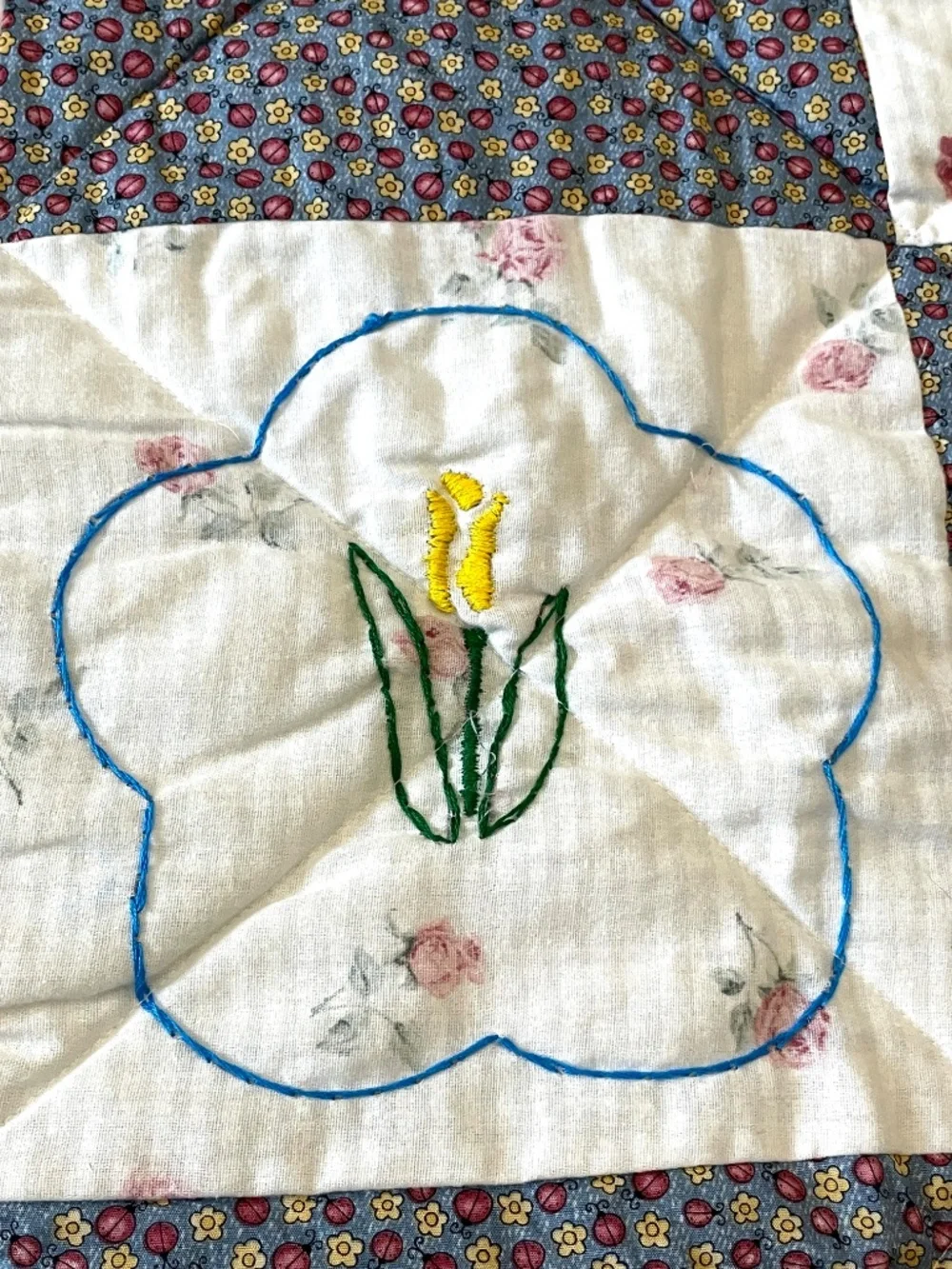 Handmade Quilt Whimsical Hand Embroidered Colorful Lap or Child Size